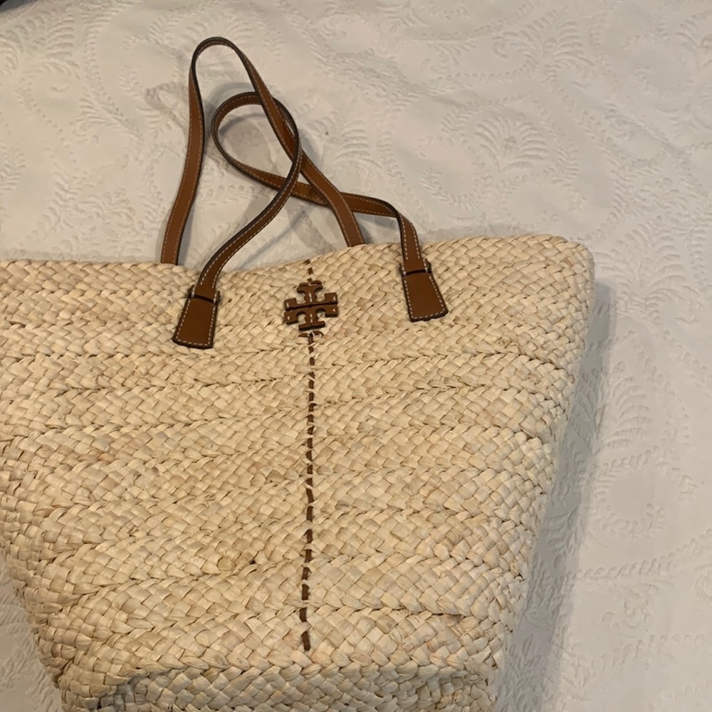 Tory Burch Natural Straw Tote with Brown Leather Trim